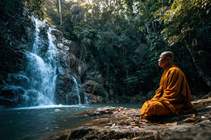 Monk sitting by a waterfall, a Photo by Pavel_design