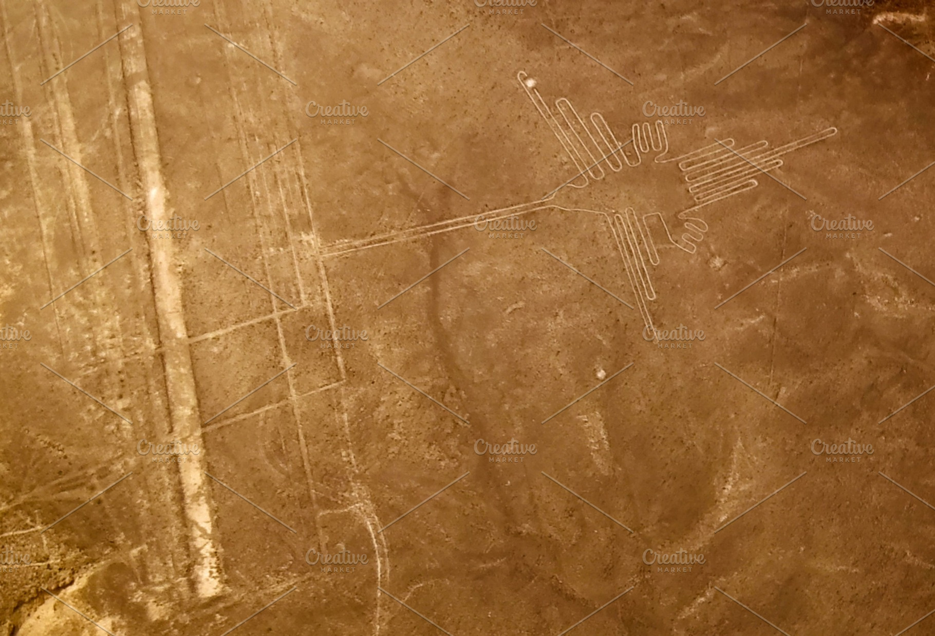 Aerial airplane panoramic view to Nazca geoglyph lines aka Hummingbird, Ica, Pe, an Architecture Photo by Wild, Wild World