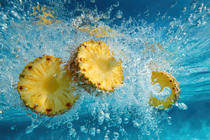 Pineapple slices drop into clear, a Photo by Pavel_design