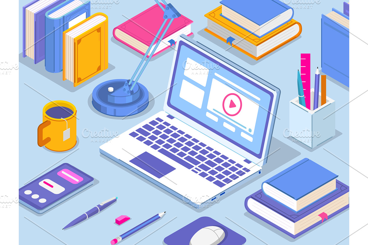 Online learning workspace, an Education Illustration by Yayasya (Photo 1 of 3)