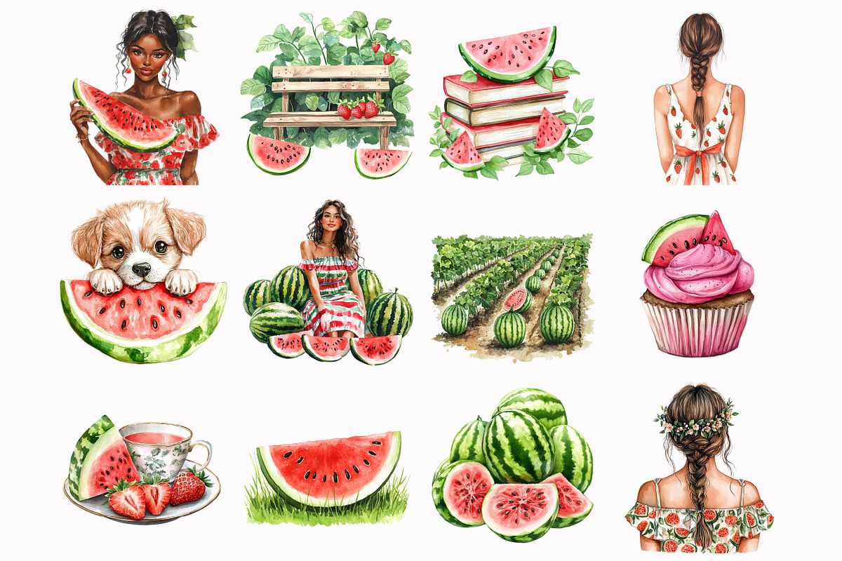 Watercolor Watermelon Garden Clipart, an Illustration by Design Market (Photo 3 of 3)