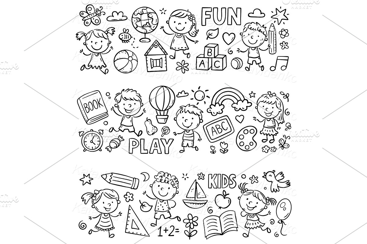 Set of cartoon doodle kids borders, a Decorative Illustration by Bubert Art (Photo 2 of 8)