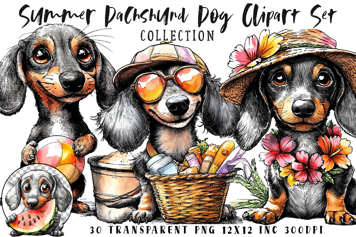 Summer Dachshund Dog PNG Clipart Set, a Seasonal Illustration by OK Design (Photo 1 of 6)