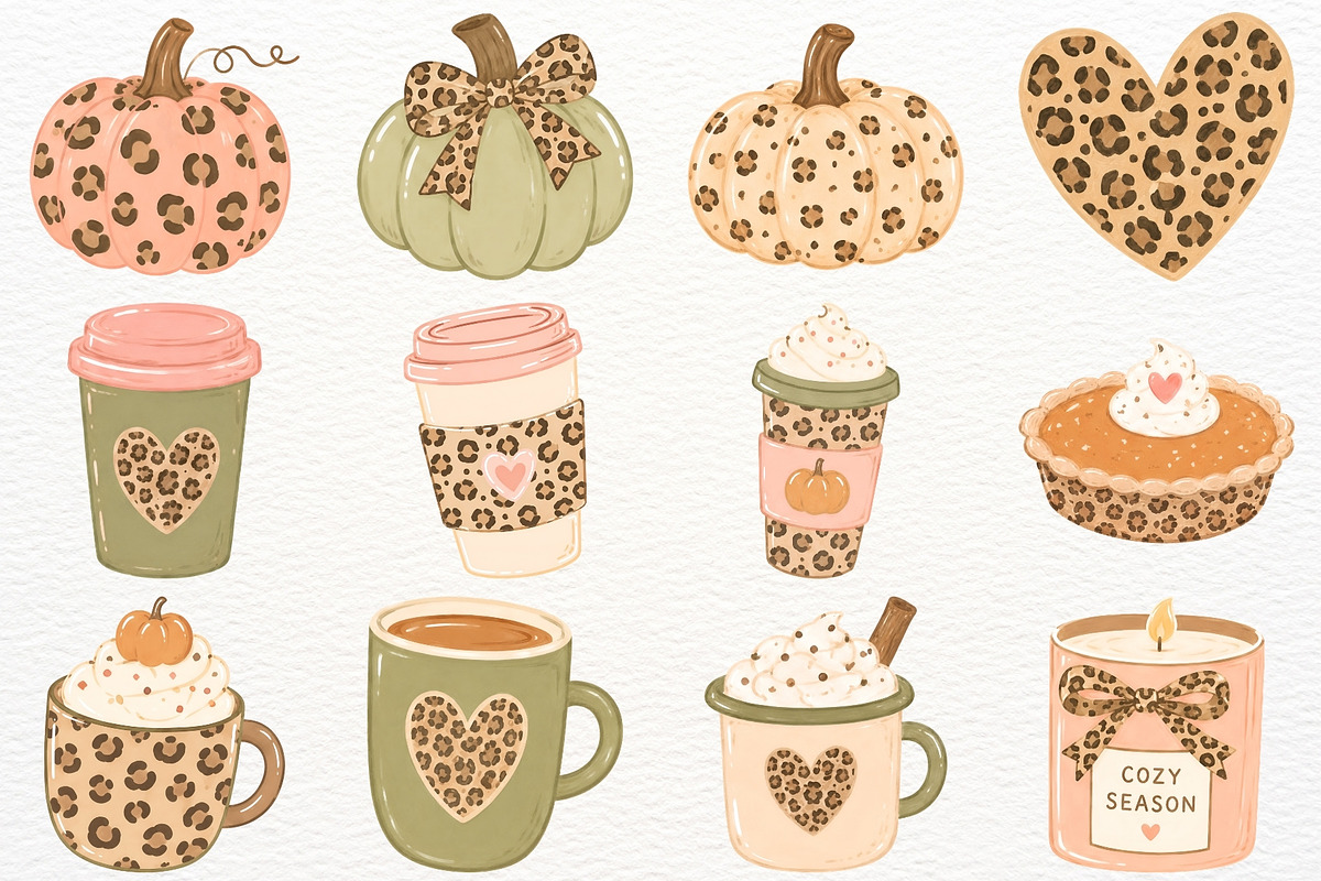 Leopard Autumn Clipart Coffee PNG, a Seasonal Illustration by SugarCloudStudioArt (Photo 2 of 5)