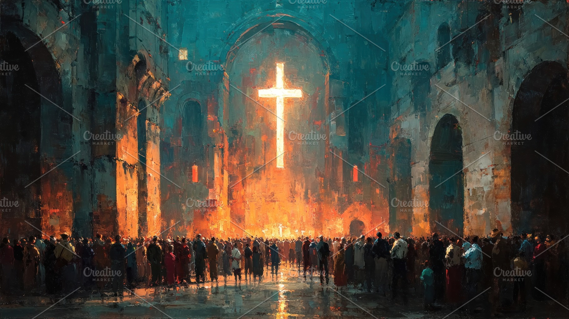 Crowd gathered inside cathedral facing glowing cross with warm l, a Person Photo by José Manuel Gelpi