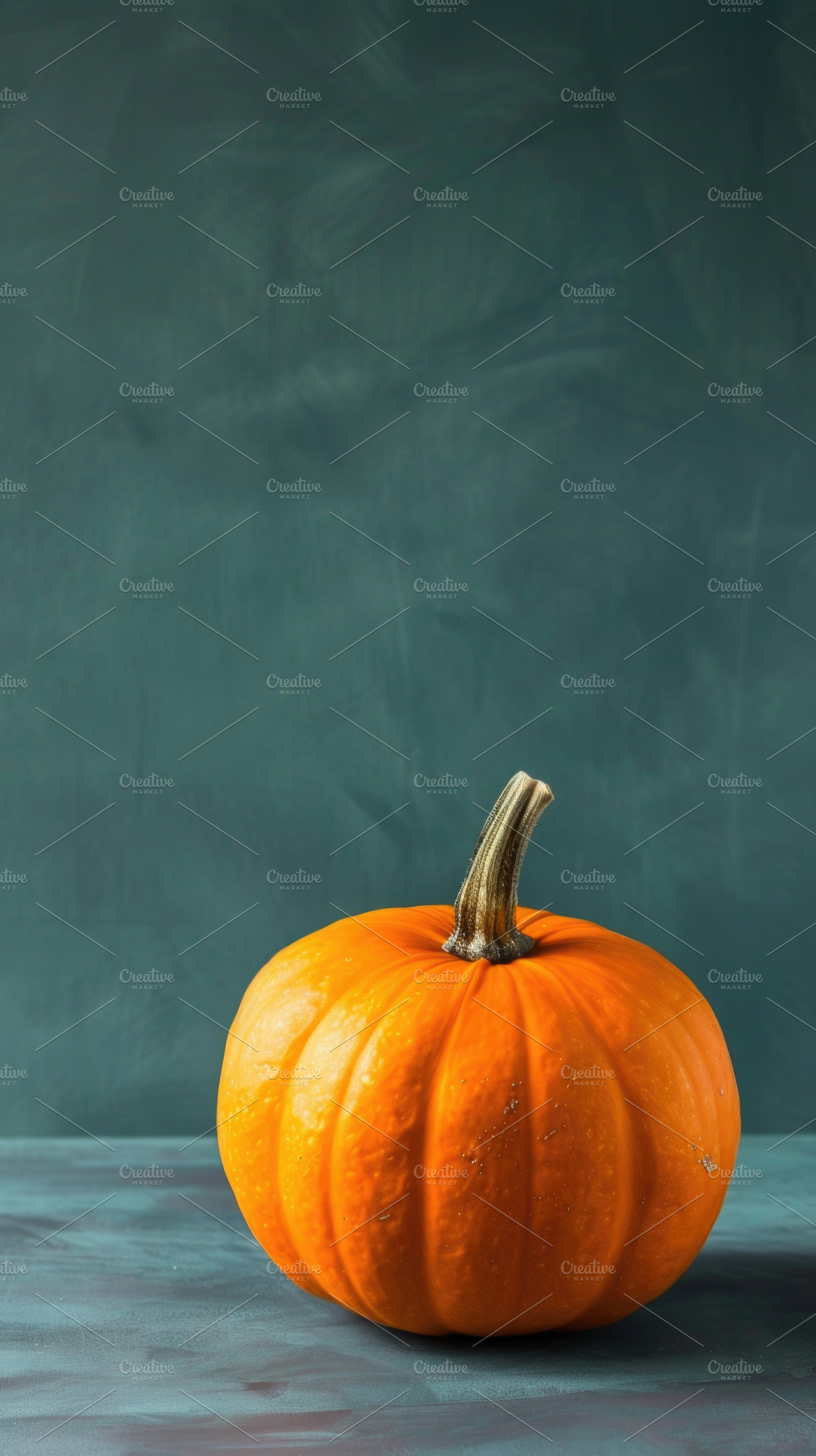 Minimal orange pumpkin on teal Halloween background, a Food & Drink Photo by José Manuel Gelpi