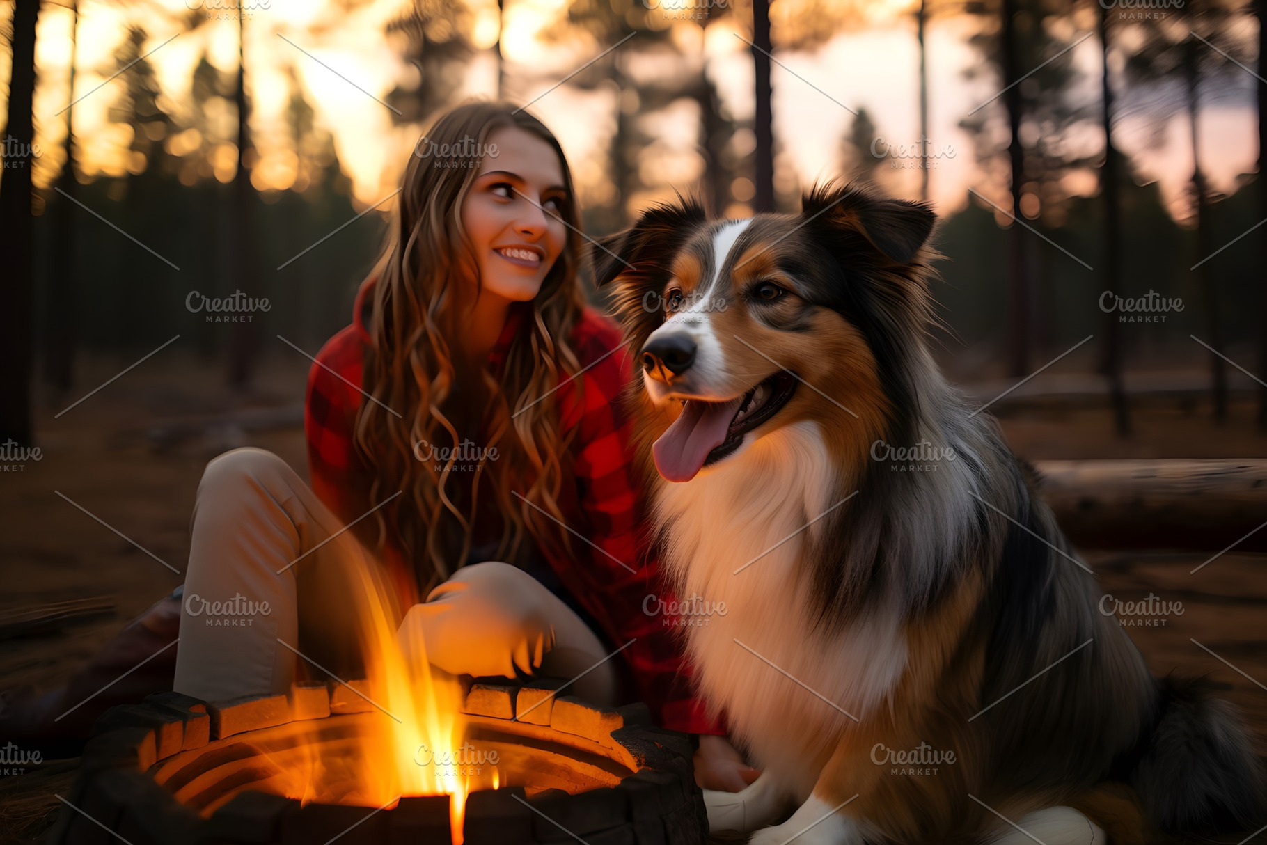 Portrait of Australian Shepherd dog with woman sitting in forest near bonfire, an Animal Photo by Lenor4ik