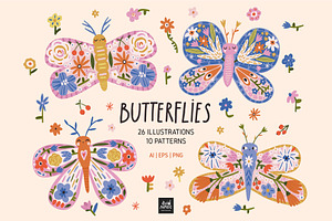 Floral Butterfly Clipart & Patterns, an Animal Illustration by avdnadi
