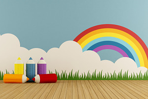 Colorful home playroom stock photo containing playroom and children