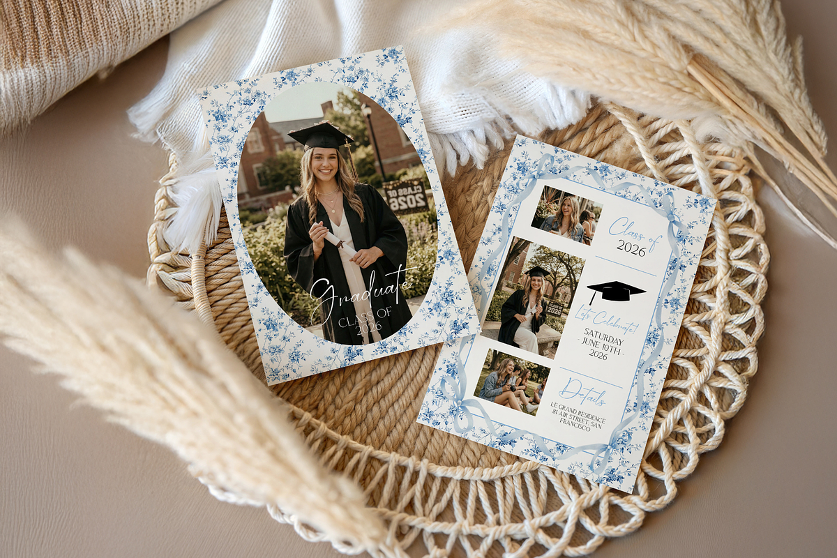 Dusty Blue Floral Graduation Invite, an Invitation Template by MockupWizard (Photo 3 of 3)