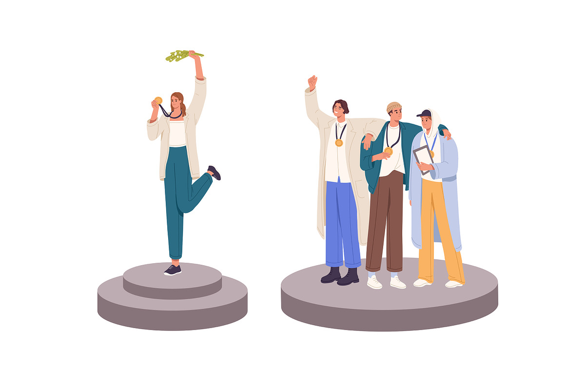 Winners with awards on pedestals set, a Person Illustration by PaperTrident (Photo 3 of 10)