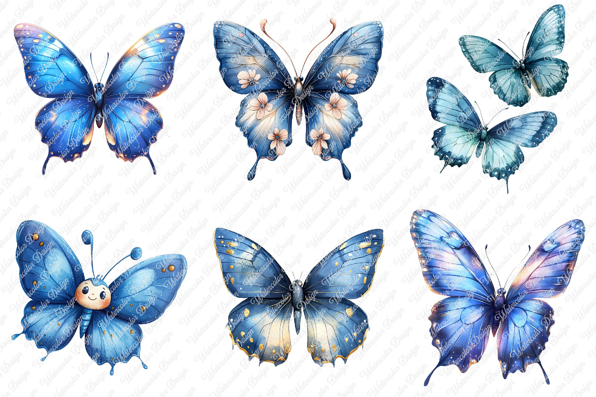 Watercolor Blue Butterflies Cliupart, an Illustration by Watercolor design (Photo 4 of 12)