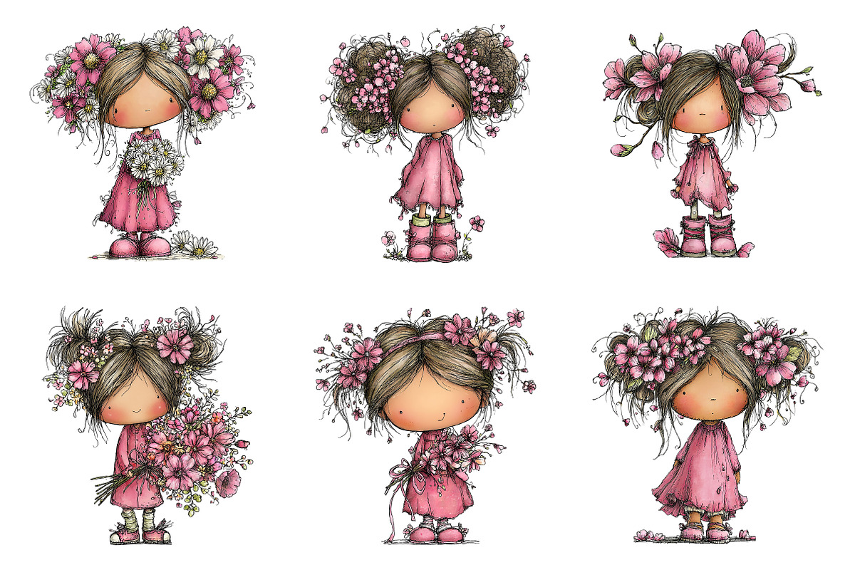 Whimsical Girl With Flowers Set, a Transportation Illustration by SinaCreation (Photo 2 of 7)