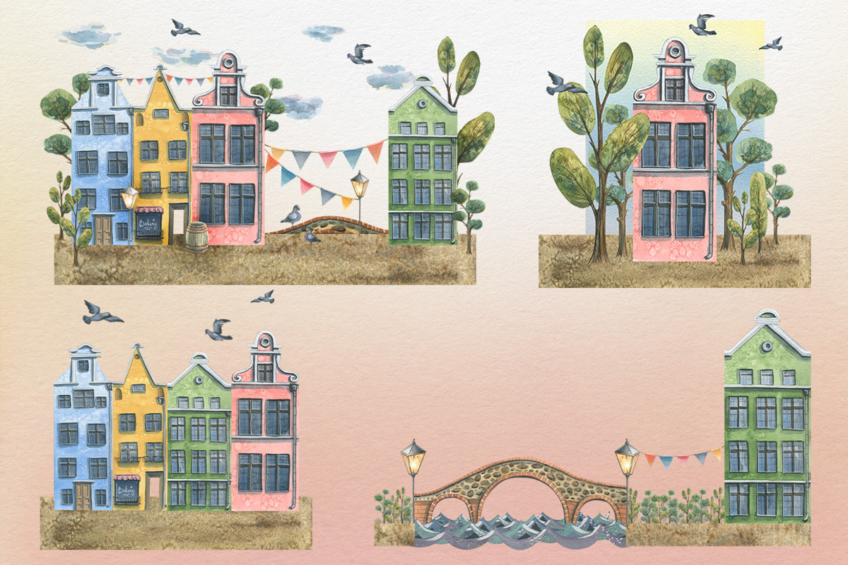 Old European houses watercolor clipa, an Object Illustration by NATASHA CHU (Photo 8 of 21)
