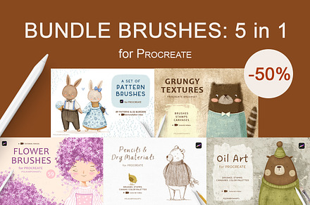 Bundle Brushes 5 in 1 for Procreate, a Brushes & More by polikarpovaart