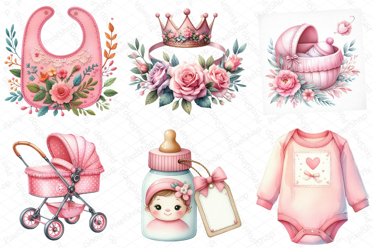 Watercolor Pink Baby Shower Clipart, an Illustration by DreamPrint404 (Photo 6 of 6)