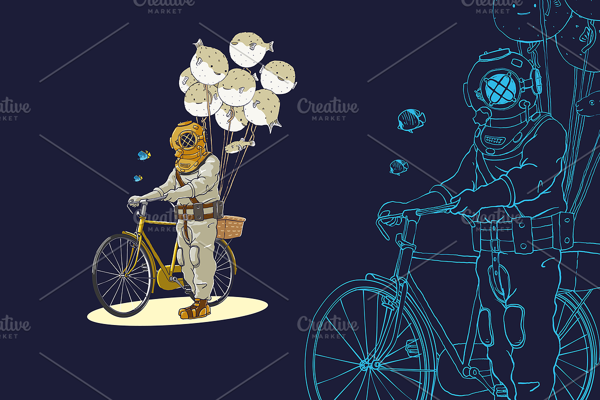 Retro Scuba Diver Sell Fish Balloon, a Branding & Logo Template by lineandcircle (Photo 2 of 2)
