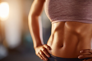 Fit young woman showcasing toned abs in a bright gym setting, a Sports & Recreation Photo by AlyaAnd
