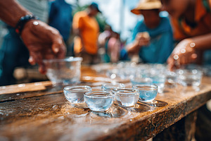 Water purification process using capsules in outdoor setting with community par, a Food & Drink Photo by AlyaAnd