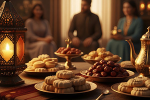 A table with plates of food & lamp, a Photo by zahidhossainalif