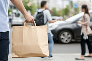 Brown paper bag held on city street,, a Photo by Dvoevnore photos
