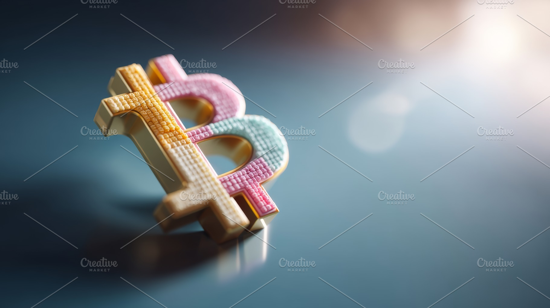 Colorful pastel bitcoin symbol on reflective surface with soft light representi, a Photo by AS photostudio