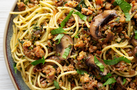 Homemade Mushroom, Spinach & Sausage Spaghetti on a Plate, top v, a Food & Drink Photo by LiudmylaChuhunova