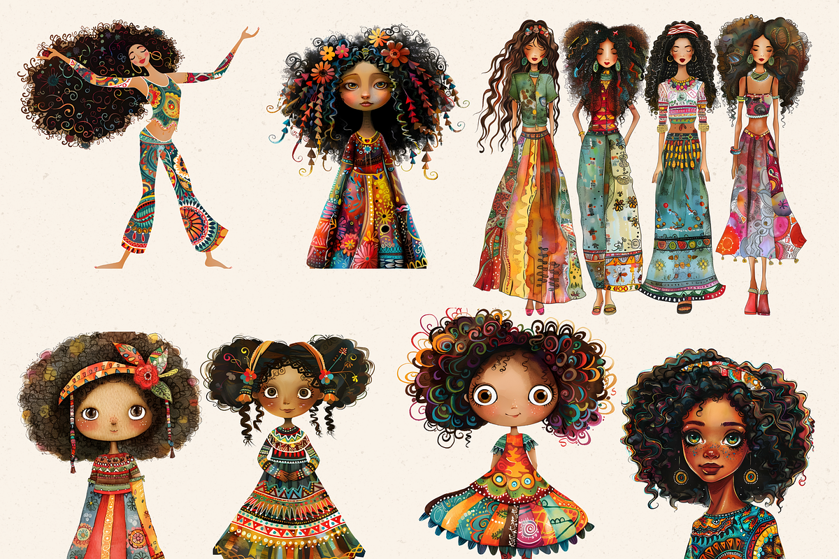 AFRO BOHO GIRLS ALL AGES CLIPART, a Person Illustration by Daring Digies (Photo 6 of 10)