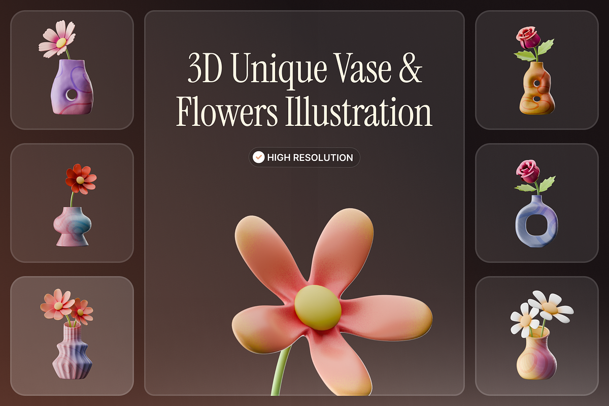 3D Vase & Flowers Illustration, an Object Graphic by Illustrava (Photo 6 of 7)