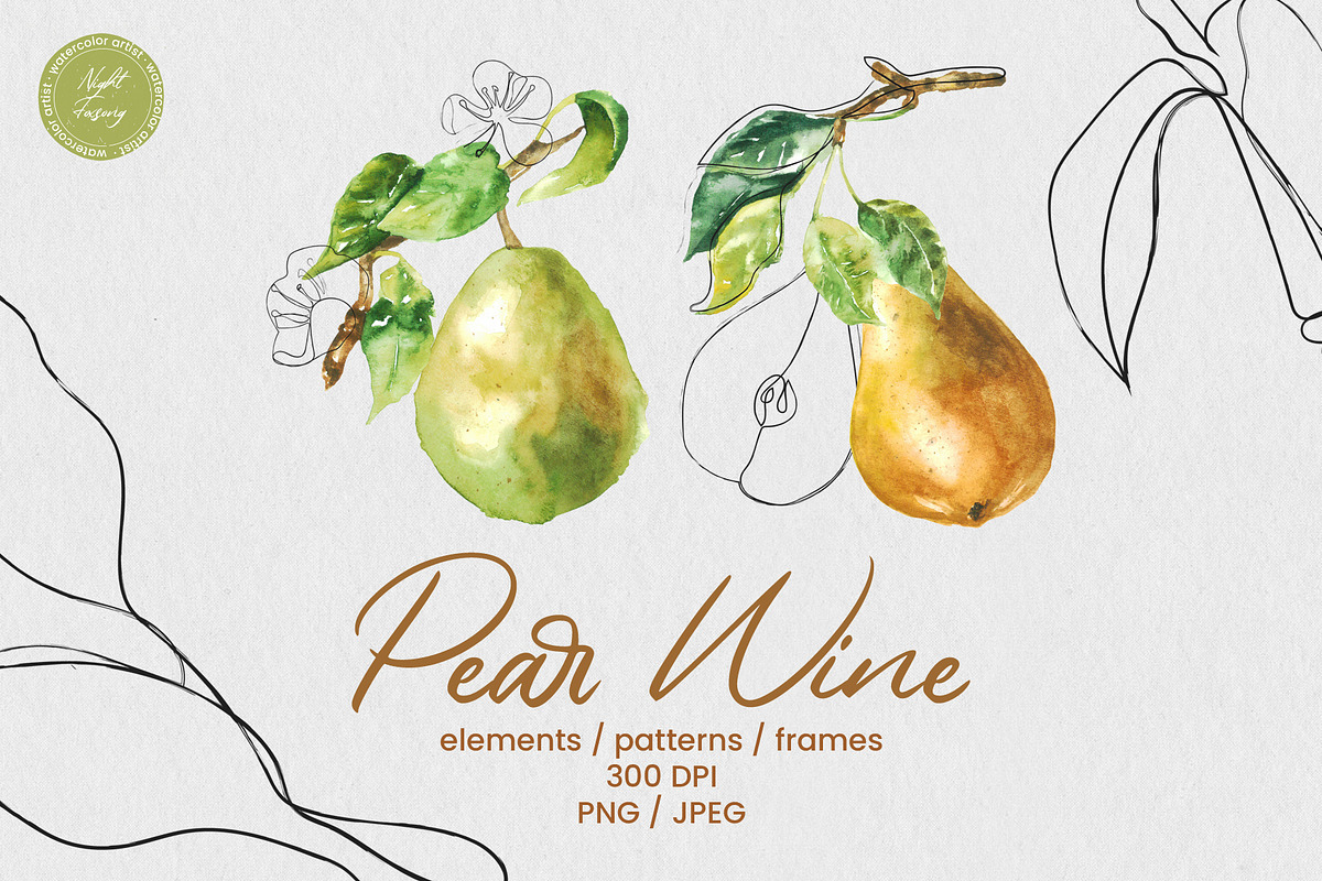Pear Wine - Fruit Watercolor Clipart, a Decorative Illustration by foxsong (Photo 1 of 16)