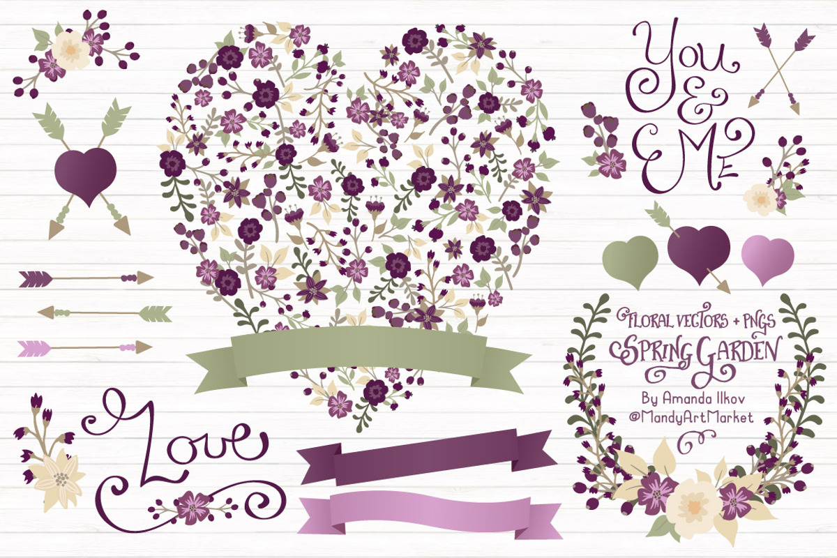 Plum Floral Heart & Banner Vectors, an Illustration by Amanda Ilkov (Photo 1 of 4)