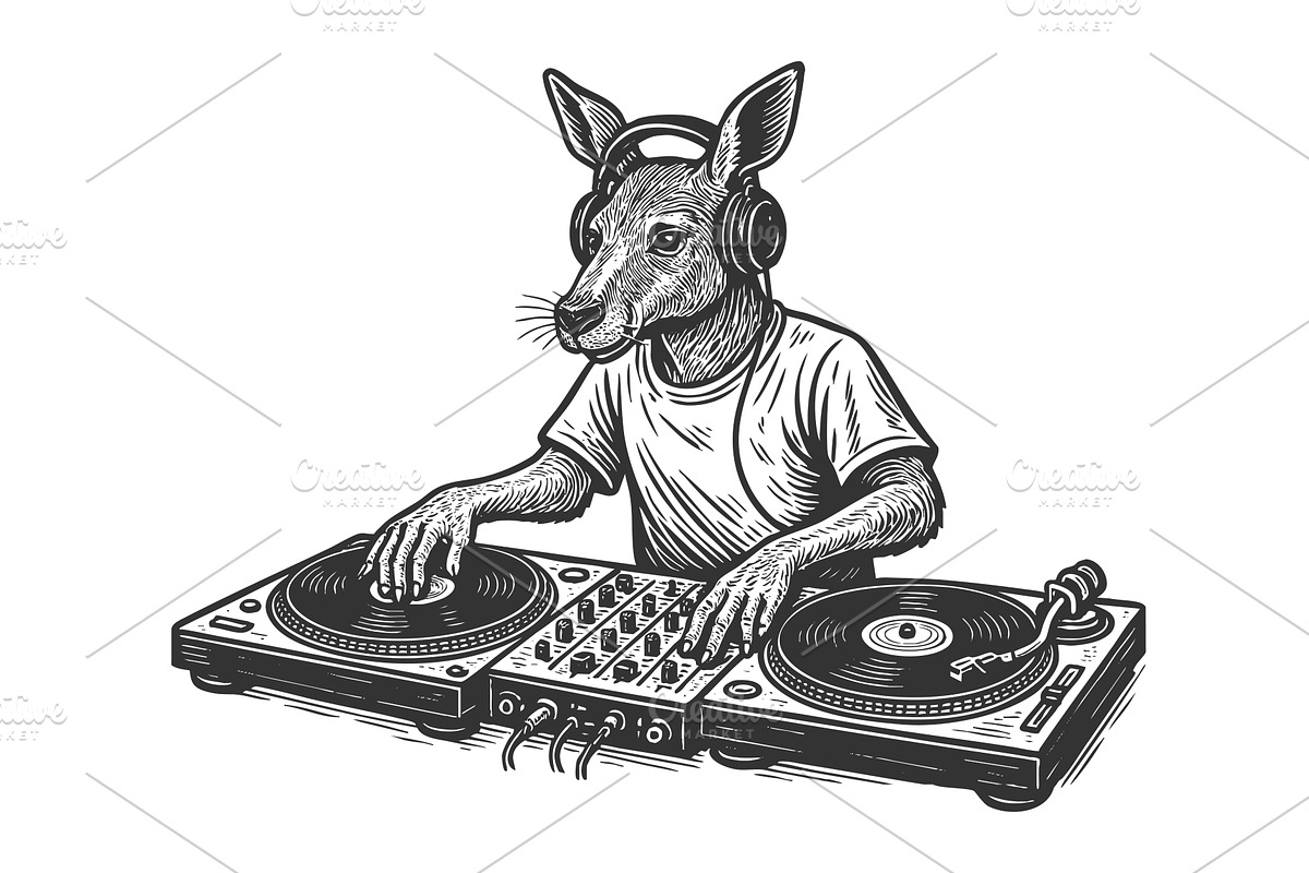 Kangaroo DJ spinning turntables, an Animal Illustration by AlexArt