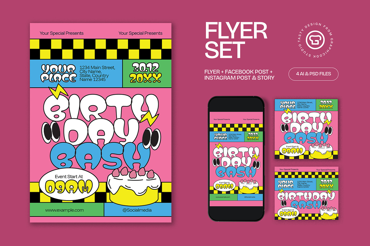 Pink Quirky Birthday Bash Flyer Set, a Flyer Template by graphicook (Photo 1 of 3)