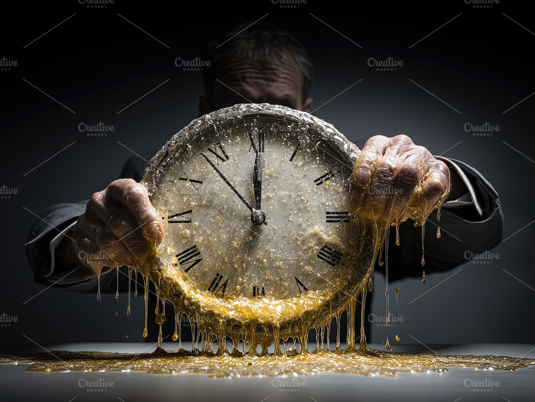 Man holding a melting clock with golden liquid dripping, symboli, an Abstract Photo by Ales Munt