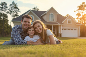 Happy family new home at sunset, a Photo by Pavel_design