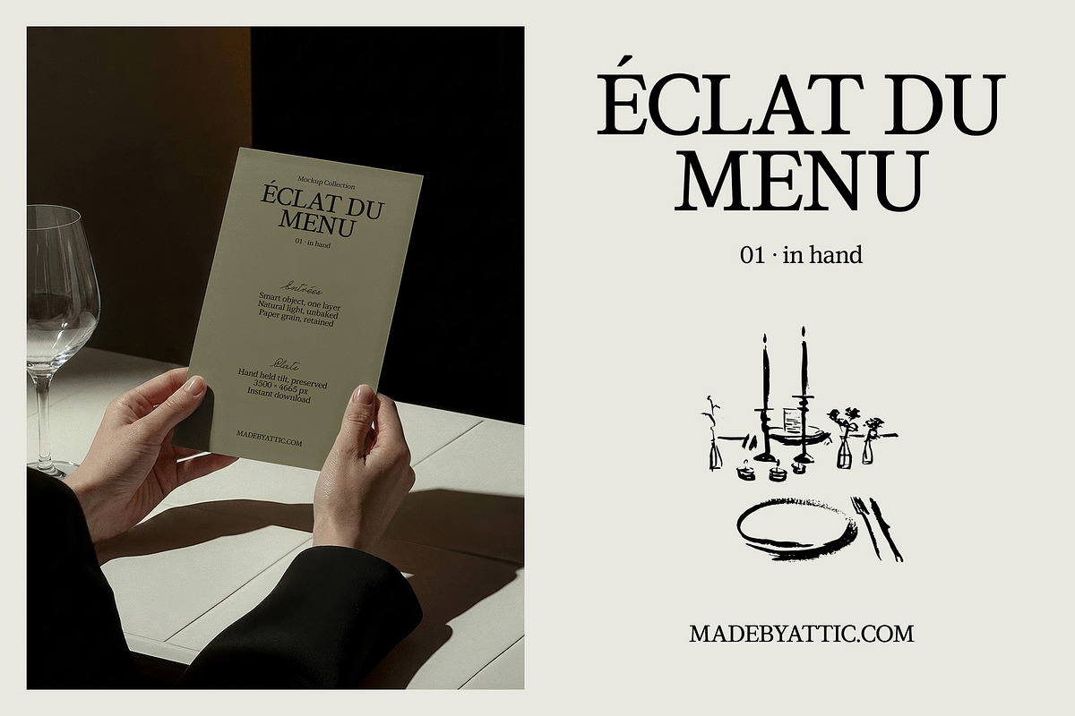 hand-held menu mockup : éclat 01, a Merchandise Mockup by Made by Attic (Photo 1 of 3)