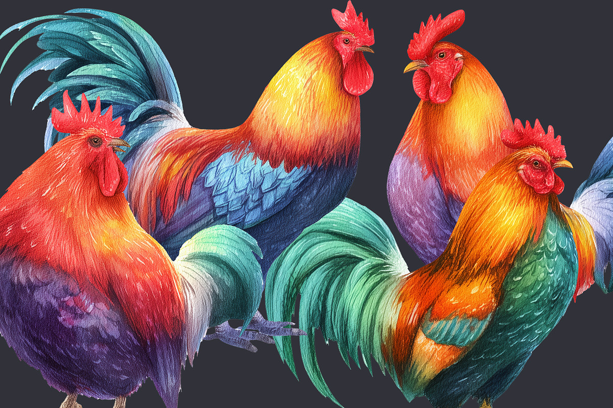 Rooster Watercolor Clipart 33 PNG, an Animal Illustration by EleSArtDesign (Photo 4 of 4)