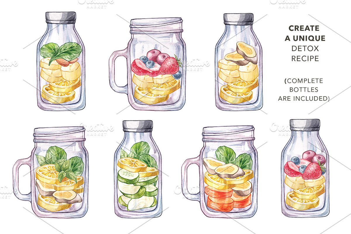 Detox Time. Watercolor Detox Bottle, an Illustration by Olga Olmix (Photo 5 of 6)