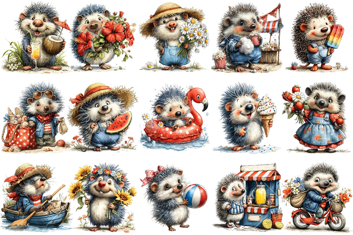 Whimsical Summer Hedgehog Clipart, an Illustration by OK Design (Photo 3 of 6)