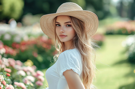 Woman in light summer outfit stands confidently in a blooming garden on a sunny, a Person Photo by AlyaAnd