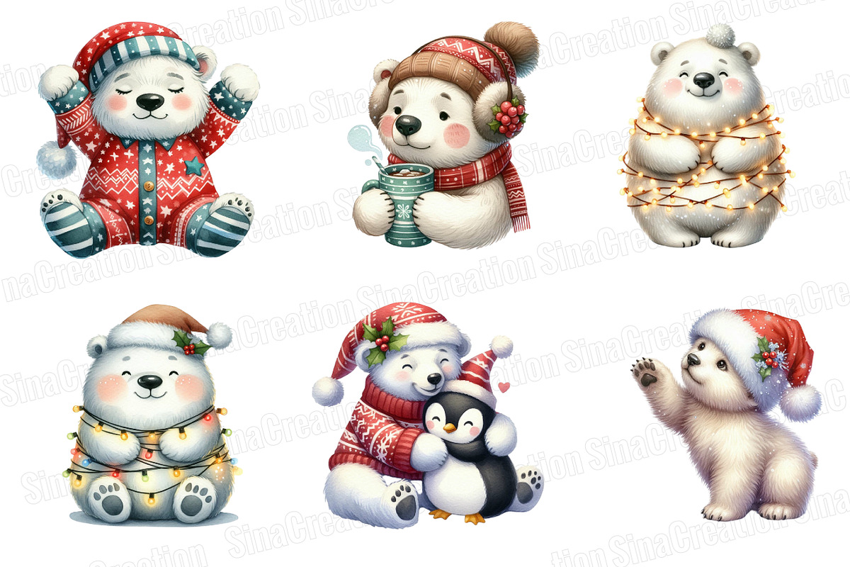 Christmas Polar Bear Clipart Bundle, an Illustration by SinaCreation (Photo 3 of 7)