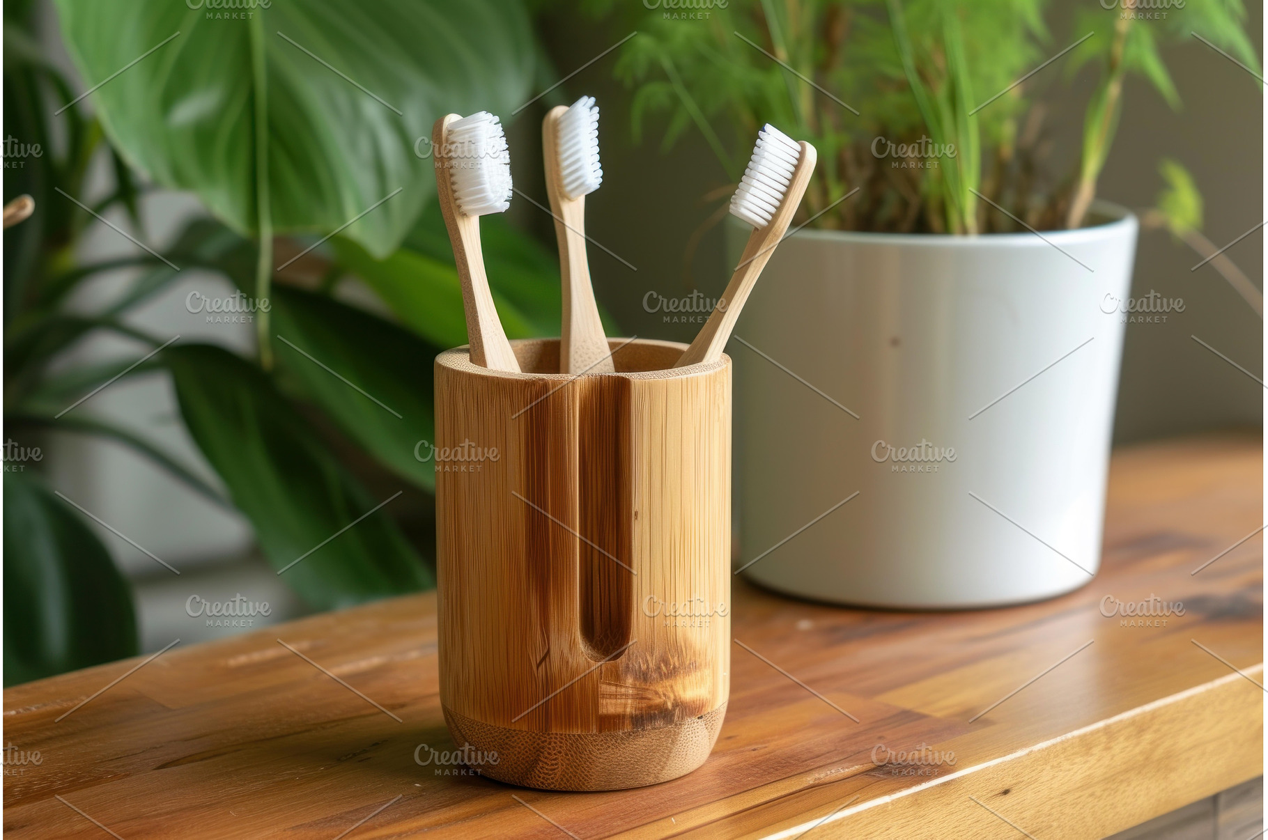 Bamboo toothbrush holder banner, a Background Photo by Ylivdesign
