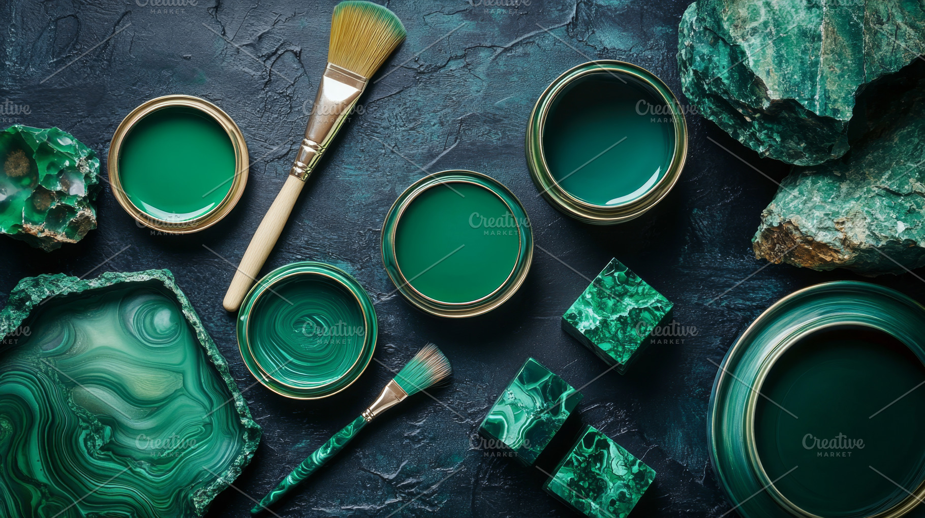 Green Paint Cans with Malachite Stones and Art Brushes, an Abstract Photo by Natalia Klenova's Shop