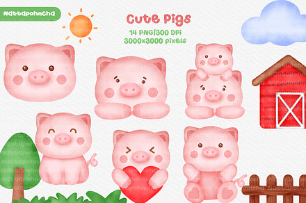 Watercolor cute pig clipart