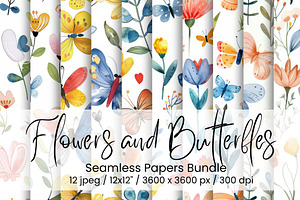 Flowers and Butterflies Digital Pape, an Illustration by Mashimara