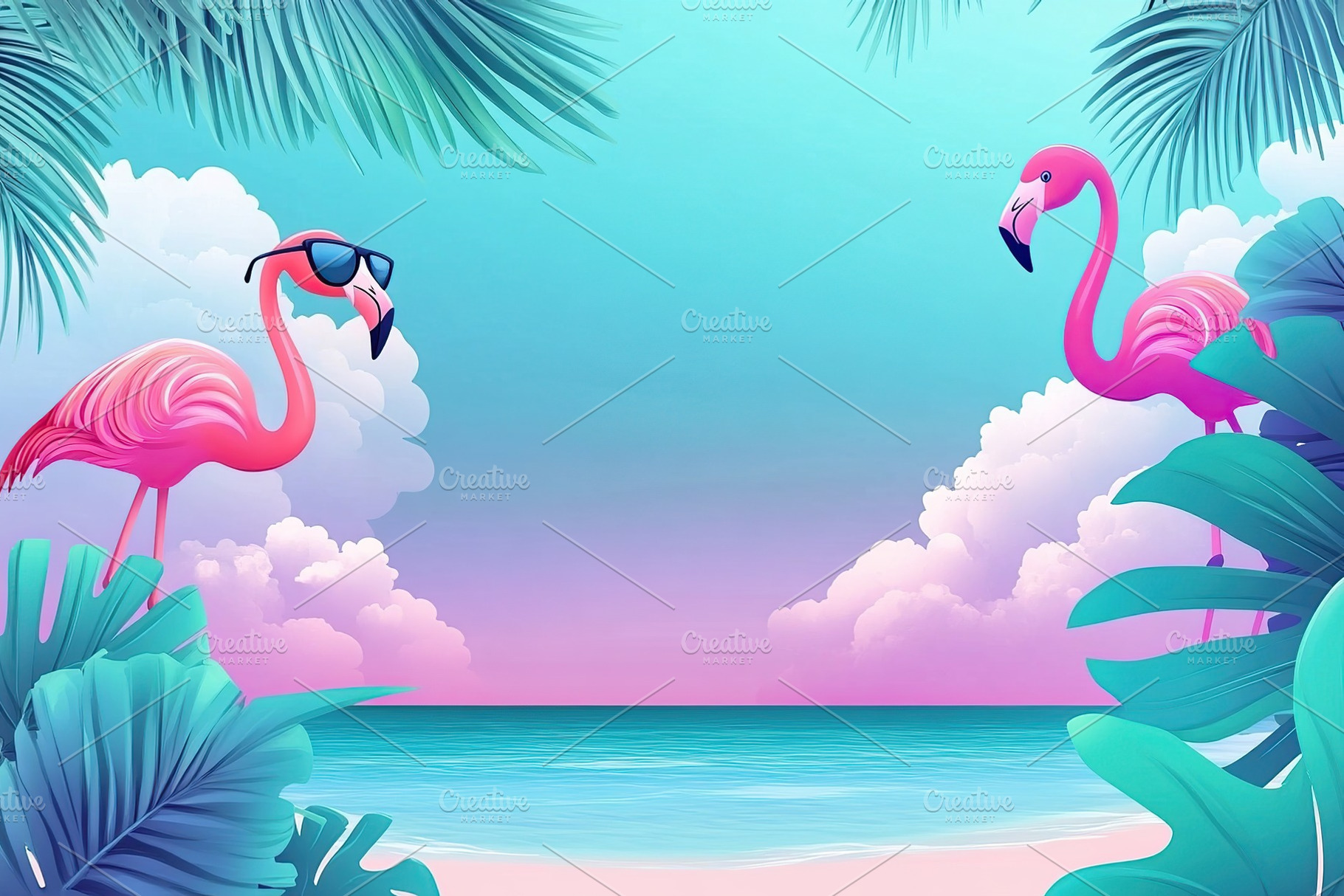Bright summer vibes with flamingos enjoying a tropical beach setting at sunset, a Background Photo by AlyaAnd