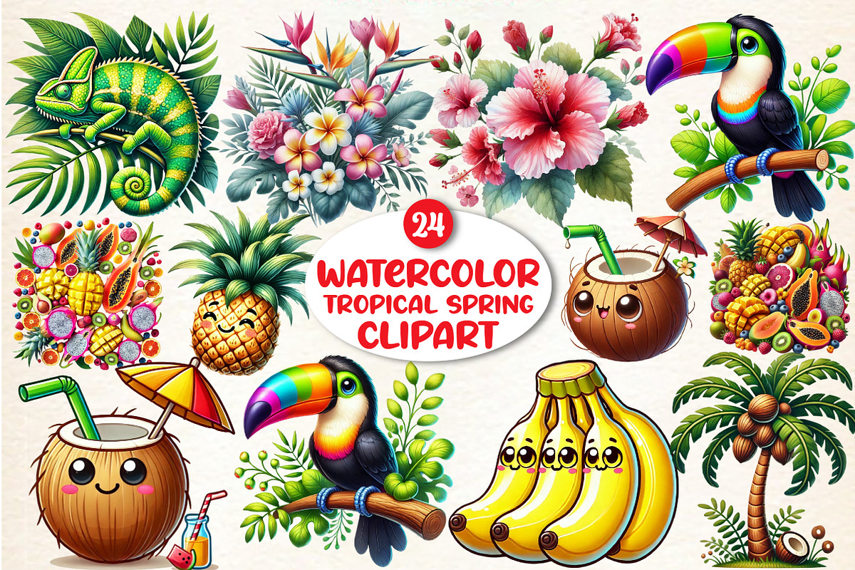 Watercolor Tropical Spring Clipart, a Seasonal Illustration by DreamArtGraphic (Photo 1 of 5)