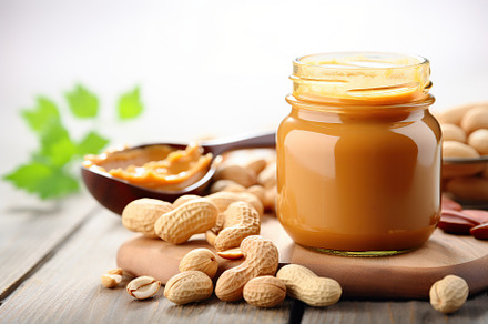 Glass jar with peanut butter on wooden background, a Food & Drink Photo by AlyaAnd
