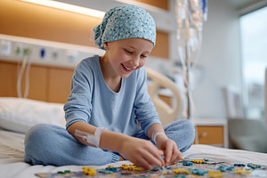 Child joyfully completes a puzzle in a hospital room during recovery process, a Photo by AlyaAnd