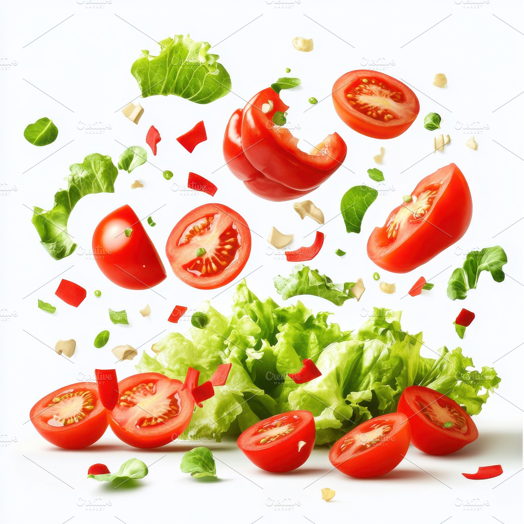 Falling vegetables, fresh salad of b, a Food & Drink Photo by Pixeness Studio